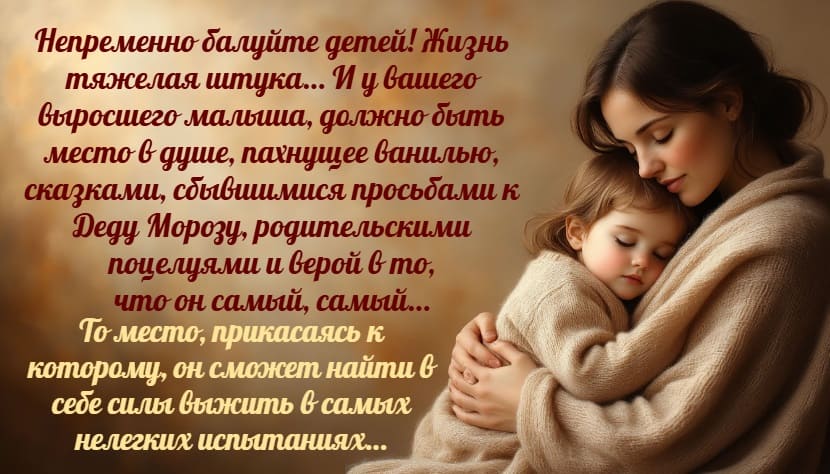 открытка с цитатой - Непременно балуйте детей! Жизнь тяжелая штука… И у вашего выросшего малыша, должно быть место в душе, пахнущее ванилью, сказками, сбывшимися просьбами к Деду Морозу, родительскими поцелуями и верой в то, что он самый, самый… То место, прикасаясь к которому, он сможет найти в себе силы выжить в самых нелегких испытаниях…