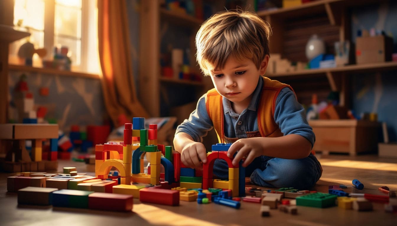 Мальчик 4-5 лет строит дом из конструктора