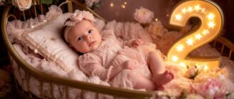 двухмесячная лдевочка в красивой одежде лежит в роскошной кроватке. рядом с ней светящаяся цифра 2