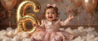 Cover of Vogue Baby magazine, golden hour. A joyful six-month-old baby girl, sitting confidently on a soft, fluffy cloud-like blanket, SIDE-BY-SIDE with a colossal, glowing, three-dimensional number "6" sculpted from liquid gold and rose quartz. The baby is giggling, reaching one hand toward the digit. The number "6" is slightly taller than the baby and radiates a warm, ethereal light. Soft bokeh background of pastel clouds. Style: Whimsical luxury, hyperrealistic, shot by Annie Leibovitz, 8K, cinematic lighting. The number "6" and the baby are EQUAL focal points, placed NEXT TO each other, impossible to miss.