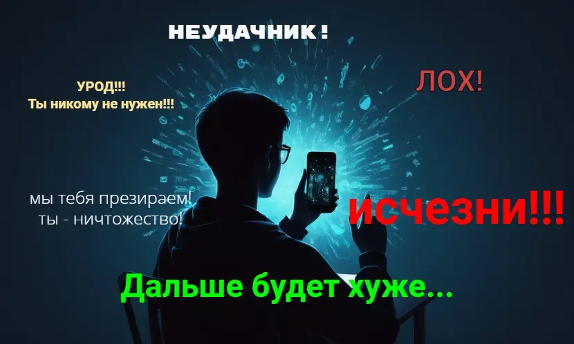 мальчик смотрит в телефон из которого вылетают оскорбления в его адрес (кибербуллинг)