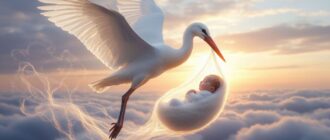 аист несет в клюве новорожденного ребенка